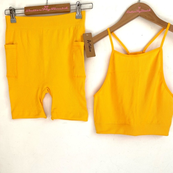 (AA4) Odiva Mustard Yellow Ribbed 2piece Tank top and Biker Short set,Sz XL, NWT - Picture 4 of 15